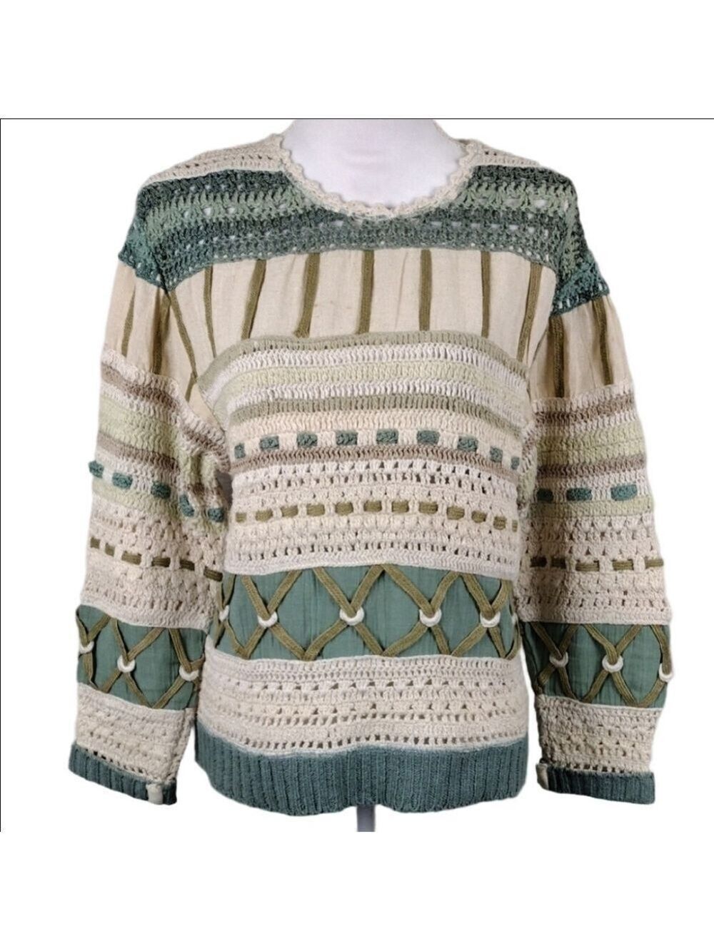 Coldwater Creek Green Natural Crochet Woven Detail Crew Neck Pullover Sweater